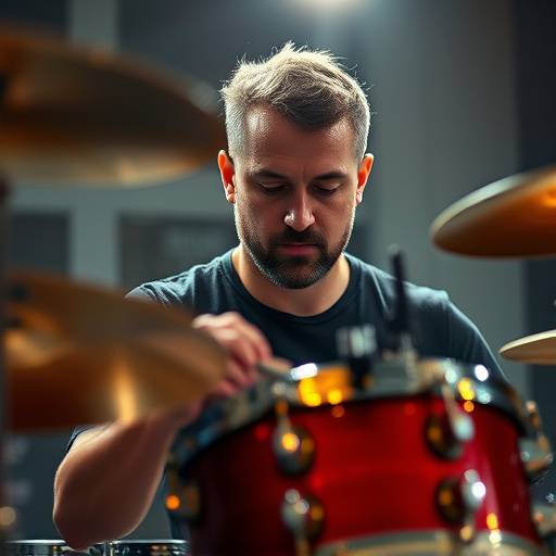 Close-up portret van een drummer achter zijn drumstel, Amsterdam