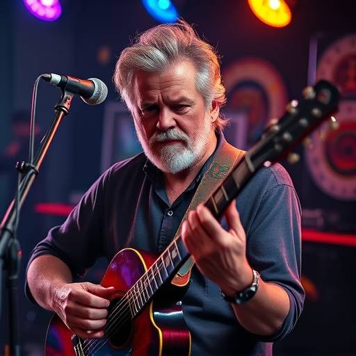 Kleurrijk portret van een muzikant met een gitaar in een studio, Amsterdam