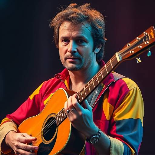 Kleurrijke portretfoto van een musicus met een gitaar