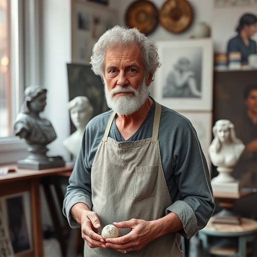 Portret van een beeldhouwer in een atelier met beelden, Amsterdam